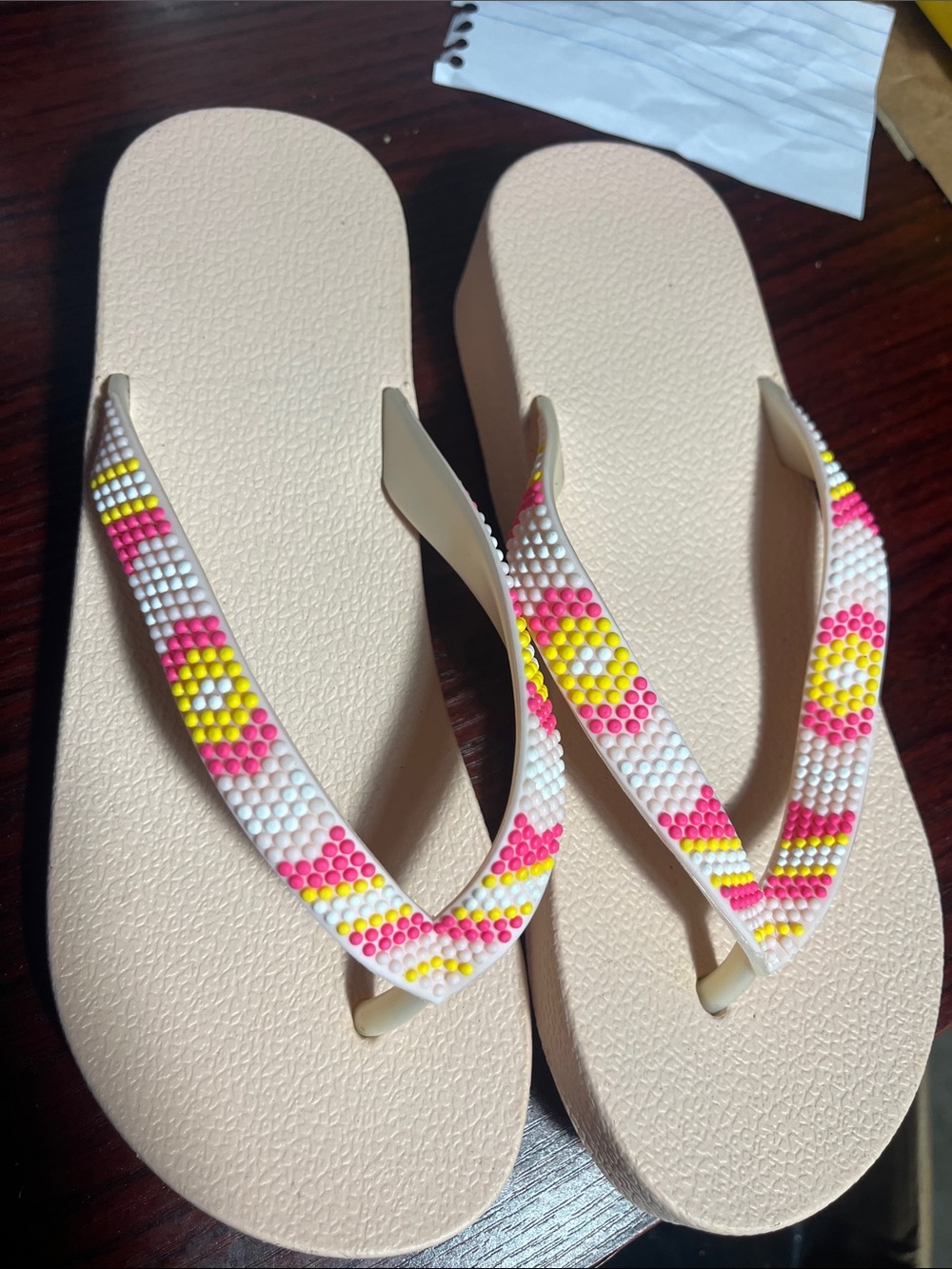 Women’s Beige Flip Flops with Pink & Yellow Beaded Straps